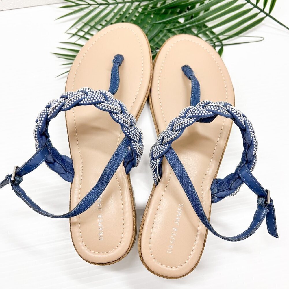 Draper James Blue Julianna Braided Embellished T-Strap Flat Sandals Size 10 - Picture 7 of 9